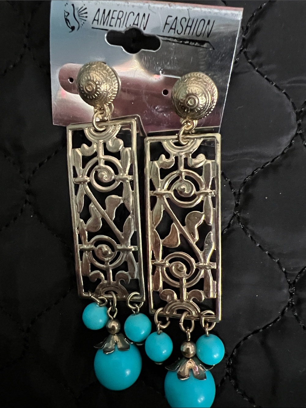 Gold-Tone Filigree Earrings with Turquoise Beads 80s 90s style